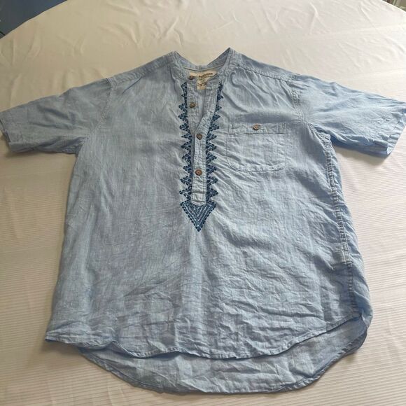J. Peterman Ancient Roads Blue 100% Linen Embroidered Short Sleeve Shirt Small - Picture 1 of 7